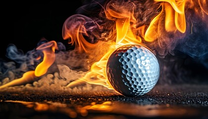 Wall Mural - Flaming Golf Ball in Motion, Creating a Fiery and Smoky Trail Against a Dark Backdrop