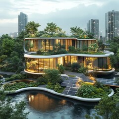 Sticker - Modern eco-friendly house with a green roof, solar panels, and a pond, surrounded by lush greenery, against a city skyline.