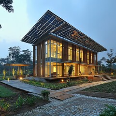 Poster - Modern eco-friendly house with solar panels on the roof, surrounded by green grass and trees.