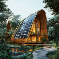 Poster - Modern eco-friendly house with solar panels, bamboo structure, and a wooden path leading to the front door, surrounded by lush greenery.