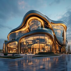 Canvas Print - Modern futuristic building with flowing curves and glass facade lit up at dusk.