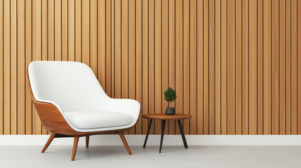 Wall Mural - White armchair with wooden legs in front of wood-paneled wall