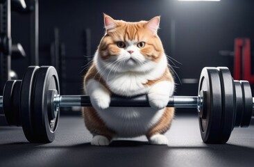 Wall Mural - Close-up. A serious fat red cat lifts a barbell against the backdrop of the gym. Sports and training concept.