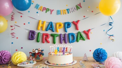 Poster - A colorful birthday party with balloons, streamers, and a cake. The party is happy and festive