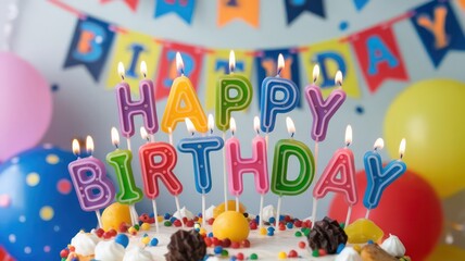 Poster - A birthday cake with candles and a banner that says Happy Birthday. The candles are lit and the cake is decorated with colorful sprinkles