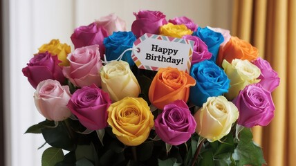 Aufkleber - A bouquet of colorful roses with a tag that says Happy Birthday. The arrangement is a beautiful and cheerful gift for someone celebrating their birthday