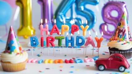 Wall Mural - A birthday cake with candles and a car on the table. The candles spell out 