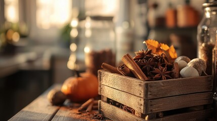 Wall Mural - Cozy Autumn Spices in a Rustic Wooden Box