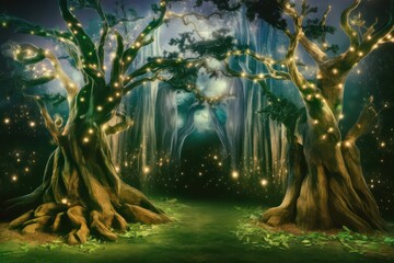 Poster - An enchanting mystical forest with twisted trees wrapped in glowing lights and fireflies floating in the air, creating a magical and ethereal atmosphere.