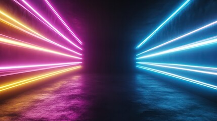 Poster - A neon lighted tunnel with a blue and yellow stripe. The tunnel is dark and the lights are bright