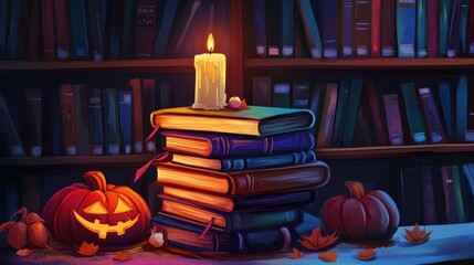 Wall Mural - Cozy Autumn Bookshelf with Halloween Decorations