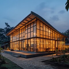 Canvas Print - Modern glass building with a wooden roof and a walkway leading to the entrance, lit up by warm lights against a dusk sky.