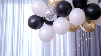 Sticker - A bunch of balloons in black and white with a gold center. The balloons are hanging from the ceiling