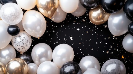 Poster - A bunch of balloons in a black background with gold and white ones. The balloons are scattered all over the background and some are in the foreground. Scene is celebratory and festive