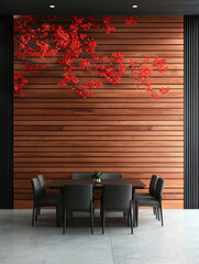 Wall Mural - A modern dining room with a wooden wall and red flowers.