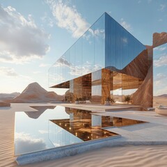 Canvas Print - Modern glass building with reflecting pool in a desert landscape.