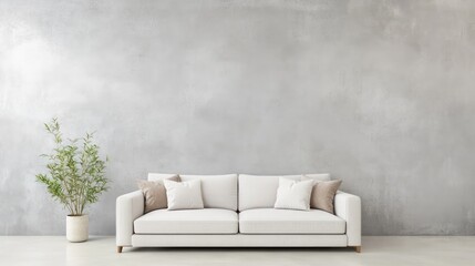 Poster - A white couch sits in front of a wall with a plant in a white pot. The room is empty and has a minimalist feel