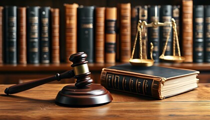 Timeless legal office ambiance featuring a balance scale, gavel, and law books atop an elegant wooden desk