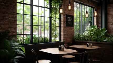 Poster - A restaurant with a brick wall and a window with plants. The interior is decorated with plants and has a cozy atmosphere