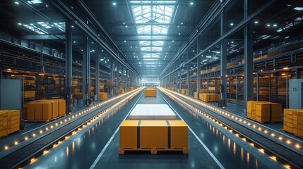 Poster - autonomous mobile robots docking with robotic arms in a modern warehouse during daylight operations