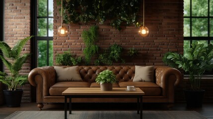 Wall Mural - A living room with a brown couch, coffee table, and potted plants. The room has a cozy and inviting atmosphere