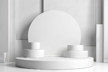 Poster - Pedestal in the room in white color with geometric shapes. Podium for product showcase with geometric decoration.