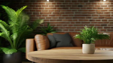Aufkleber - A potted plant sits on a wooden table in front of a brick wall. The plant is green and the table is round. The room has a cozy and warm atmosphere