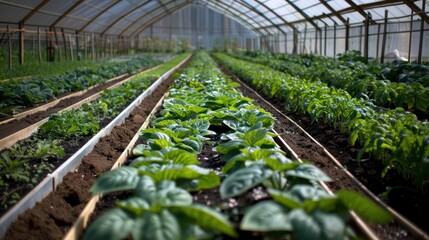 Canvas Print - Rows of Green Plants in Greenhouse