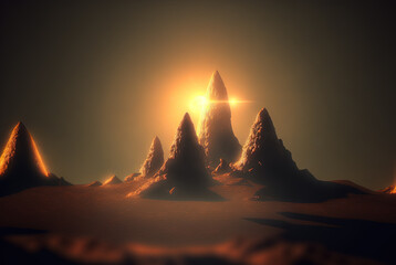 Sticker - Alien sci-fi landscape with mountains on the sunrise. Science fiction scene of a distant planet.