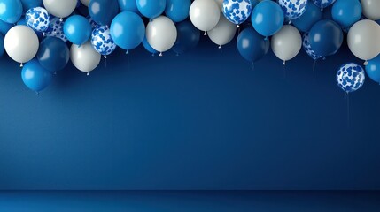 Poster - A blue wall with a bunch of balloons hanging from it. The balloons are scattered all over the wall