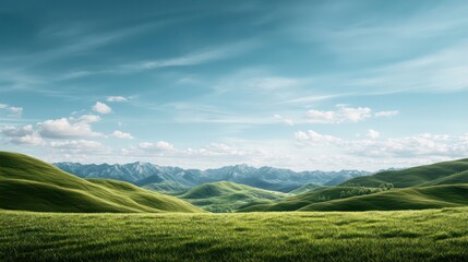 Aufkleber - A vast, open field with mountains in the background. The sky is clear and blue, and the grass is lush and green. Concept of peace and tranquility, as if one were standing in the middle of a vast