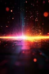 Futuristic digital background with neon glowing lines and bokeh effects, vibrant cyberpunk colors in gradient pink, orange, and blue, modern technology and innovation concept