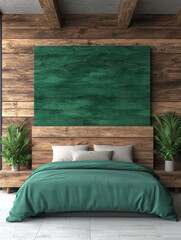 Sticker - A modern bedroom with a green duvet, wooden headboard, and a large green painting.