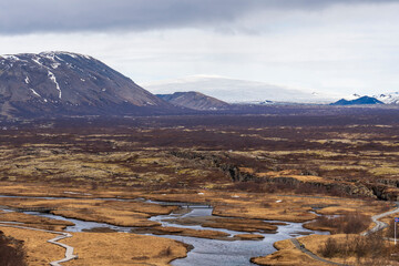 Walking between two tectonic plates Pingvellir National park in Iceland