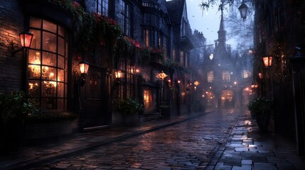 Poster - A street scene with a clock tower in the background. The street is wet and the lights are on