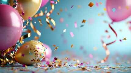 Poster - A bunch of pink and gold balloons with confetti falling around them. The balloons and confetti create a festive and celebratory mood