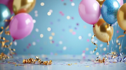 Sticker - A blue background with a bunch of colorful balloons and confetti. The balloons are pink, blue, and gold. The confetti is scattered all over the background, creating a festive