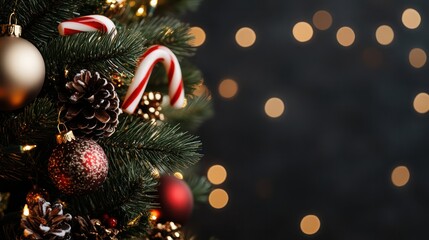 Aufkleber - A Christmas tree with red and gold ornaments and a candy cane. The tree is lit up and the candy cane is hanging from it