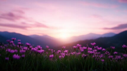 Aufkleber - A field of purple flowers with a beautiful sunset in the background. The sky is pink and the sun is setting behind the mountains. The flowers are in full bloom and the scene is peaceful and serene