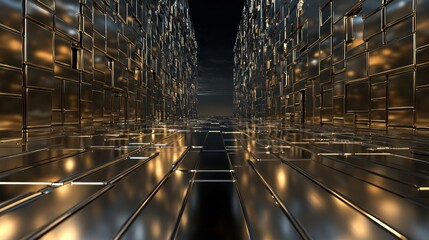 Poster - A long hallway with a lot of gold and silver tiles. The tiles are reflecting light and creating a shiny, almost ethereal atmosphere