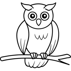 Wall Mural - Minimalist Owl Line Art Perched on Branch, Forward Gaze Vector