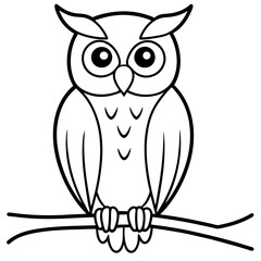 Wall Mural - Minimalist Owl Line Art Perched on Branch, Forward Gaze Vector