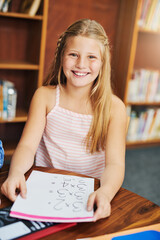 Poster - Girl, happy and portrait in library for education, learning and study with childhood development. Student, book and excited in school for math knowledge, reading and academic information with smile