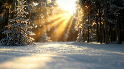 Leinwandbilder - A snowy forest with a bright sun shining through the trees. The sun's rays create a warm and inviting atmosphere, making the scene feel peaceful and serene