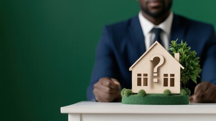 Poster - A man in a suit sits at a desk with a wooden house model in front of him. The house has a question mark on it, and the man is pondering the question. Concept of curiosity and contemplation