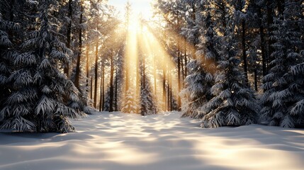 Leinwandbilder - A snowy forest with the sun shining through the trees. The sun is casting a warm glow on the snow and the trees, creating a peaceful and serene atmosphere