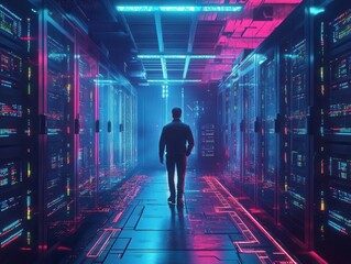 Wall Mural - futuristic data engineer works in neonlit server room cyberpunk atmosphere