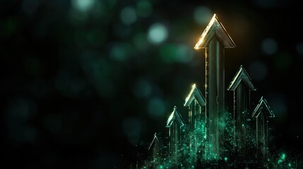 Poster - A series of arrows are shown in a dark background, with the top arrow being the tallest. Concept of growth and progress, as the arrows seem to be reaching for the sky