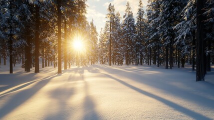 Leinwandbilder - A snowy forest with a sun shining through the trees. The sun is casting shadows on the snow, creating a serene and peaceful atmosphere
