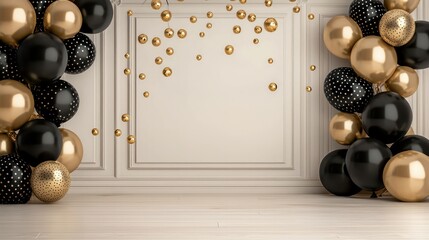 Wall Mural - A room with a black and gold theme. The room is decorated with gold and black balloons. The balloons are scattered around the room, and there are two large balloons hanging from the ceiling